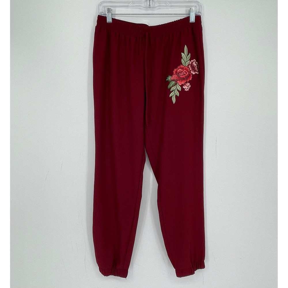 Joe B Women's Burgundy Floral Embroidered Elastic Waist Jogger Pants Size M